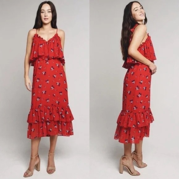 MISA Gracy Midi Dress Ruffle Tiered Red Floral 31734 - Picture 1 of 13